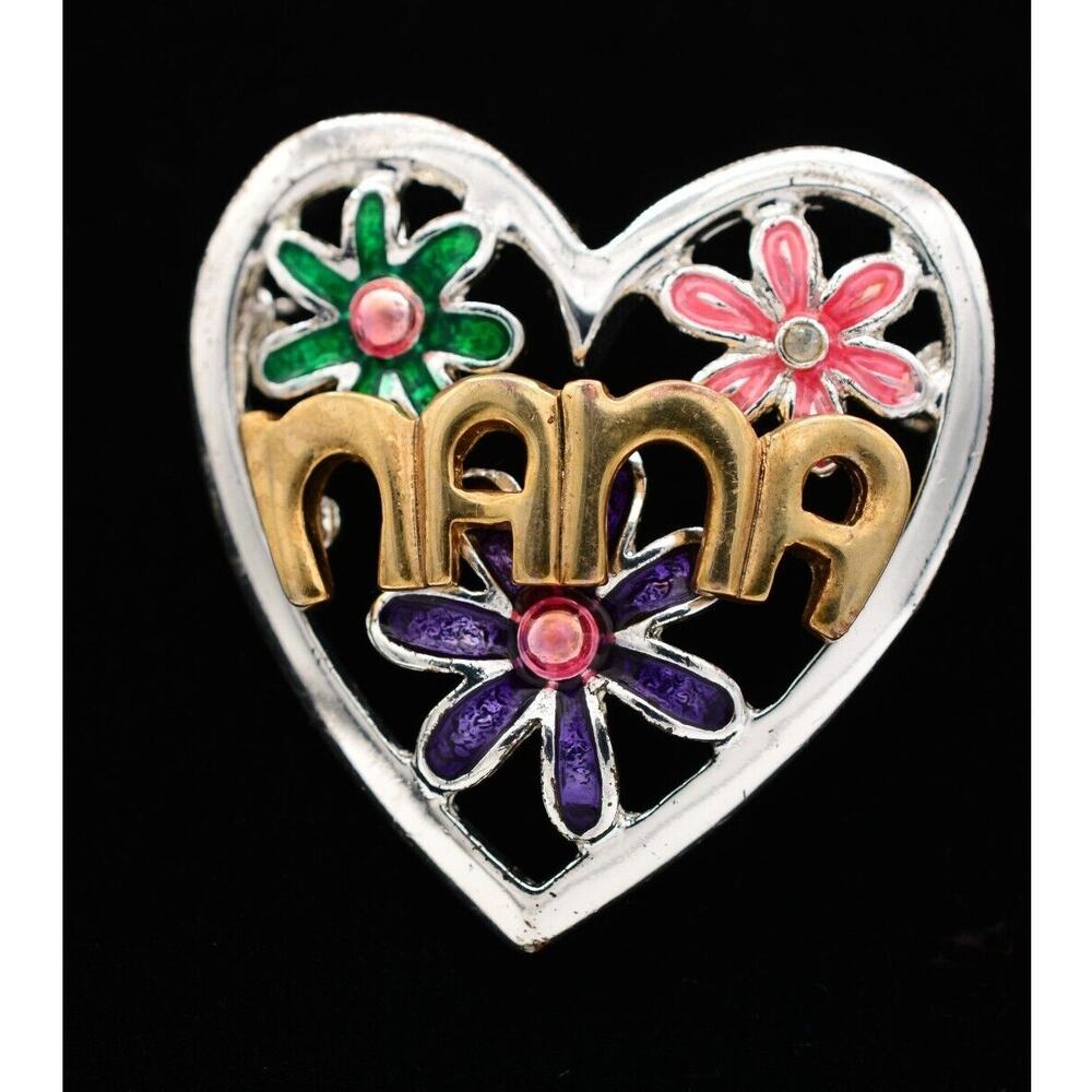 TC Vintage NANA Pin Brooch Floral Heart Grandma Grandmother Enamel Signed BinBA